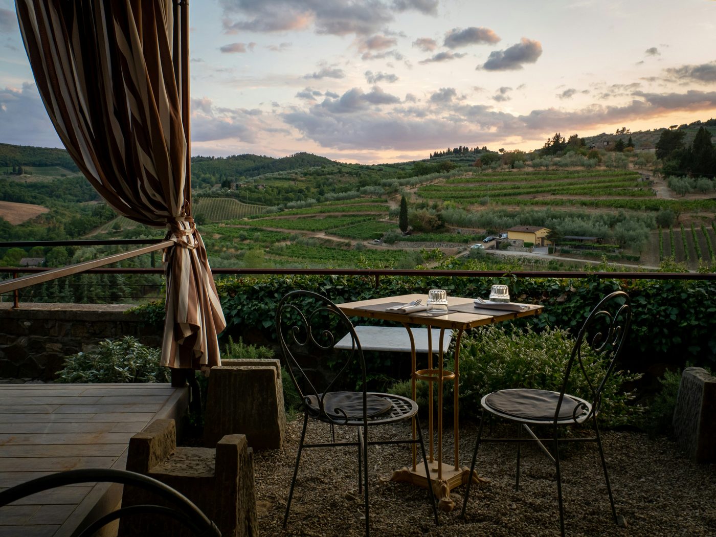 Italian Countryside, Tuscan terrace overlooking vineyards