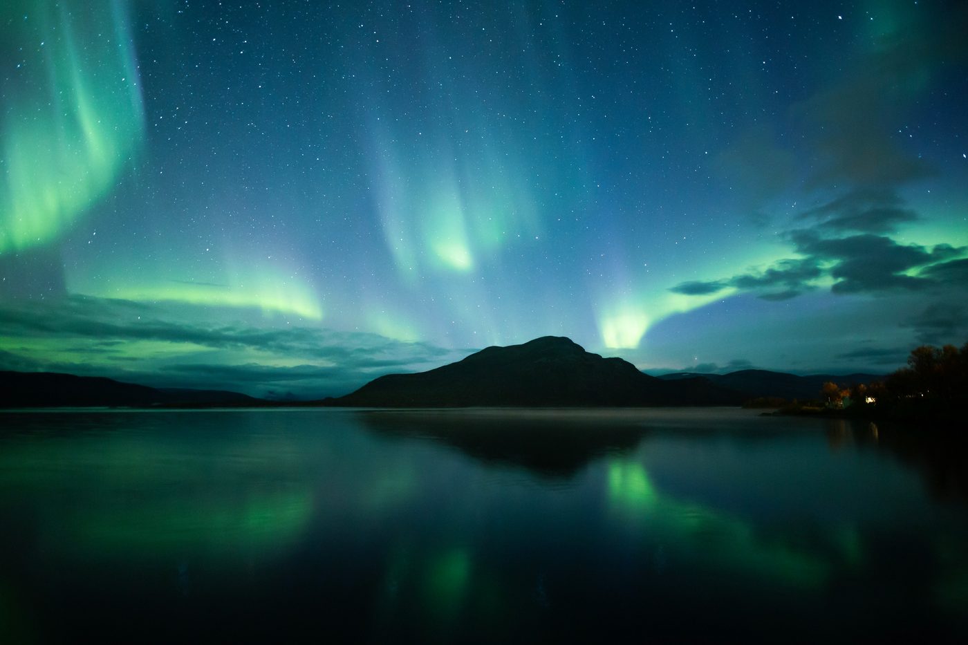 Nordic Forest, Aurora Borealis over mountain lake